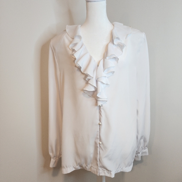 Vintage 80s Rhoda Lee Womens 18 White Ruffled Button Blouse Long Sleeve - Picture 1 of 6